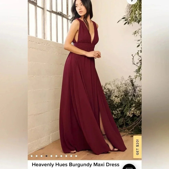 Lulu's burgundy plunging neckline side slit holiday maxi dress size XS - Picture 1 of 15